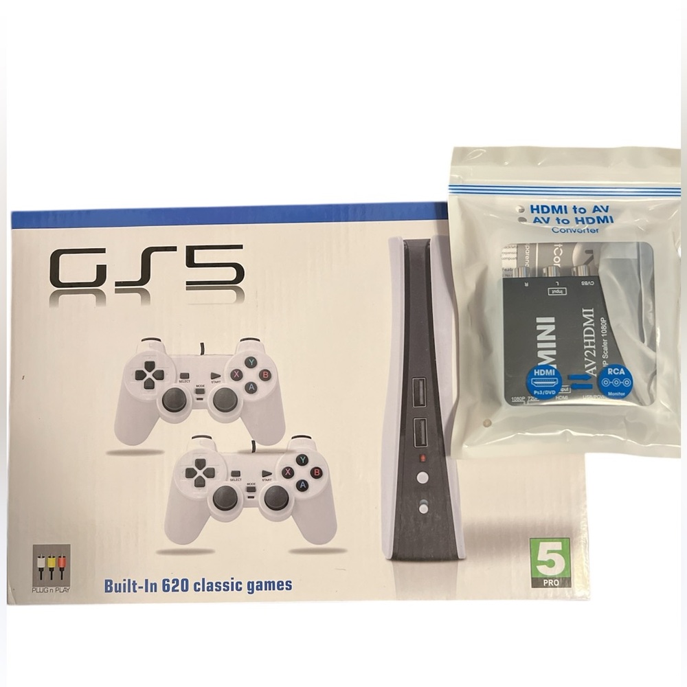 GS5 Retro Game Console Bundle – 620 Built-In Games + HDMI/AV Converter